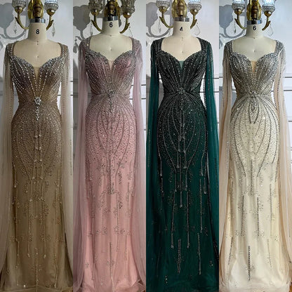 Luxury Designer Beige Beaded Evening Dress with Cape Sleeves LA72992