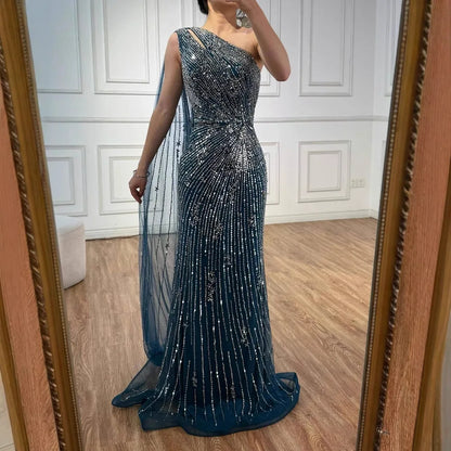 Luxury Black One Shoulder Mermaid Evening Dress with High Slit LA72829