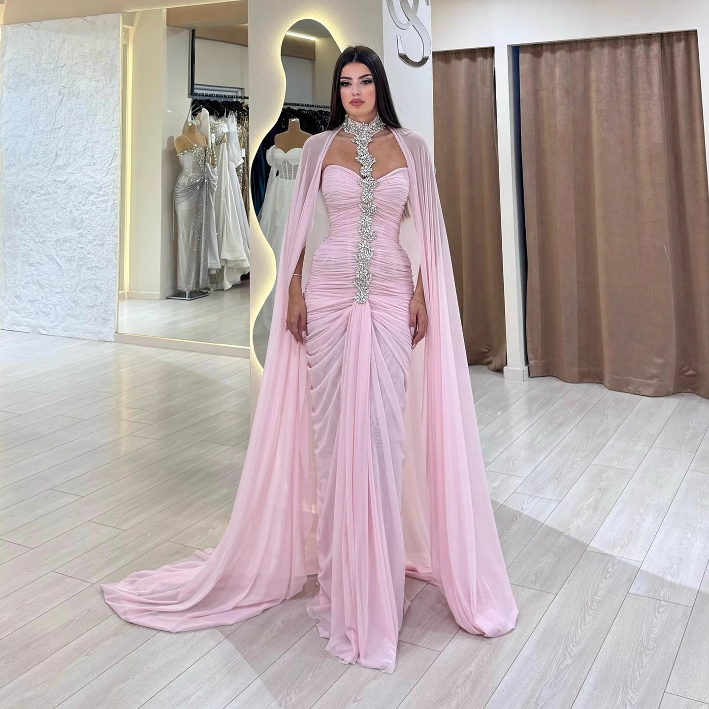 Luxury Pink Halter Crystal Beaded Evening Dress with Cape LA73374