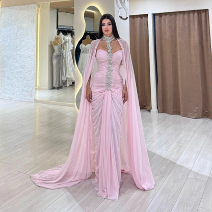 Luxury Pink Halter Crystal Beaded Evening Dress with Cape LA73374