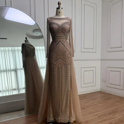 Luxury Dubai Nude  Evening Dress With Long Sleeves LA72967