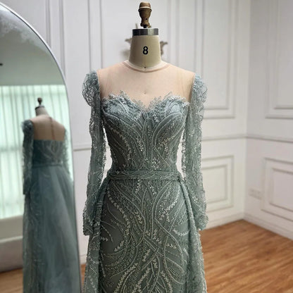 Luxury Sage Green Beaded Evening Dress with Detachable Overskirt LA73066
