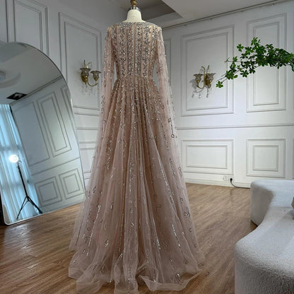 Luxury Nude Beaded Evening Dress with Cape Sleeves for Formal Occasion LA72764A