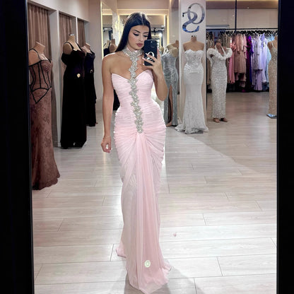 Luxury Pink Halter Crystal Beaded Evening Dress with Cape LA73374