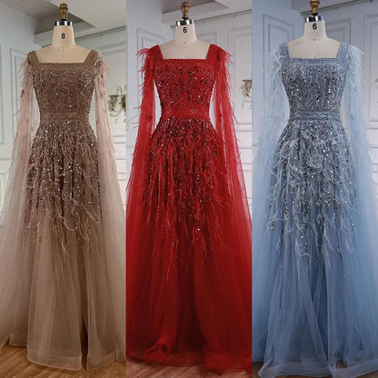 Elegant Blue Beaded Feather A-Line Evening Dress With Cape LA73043