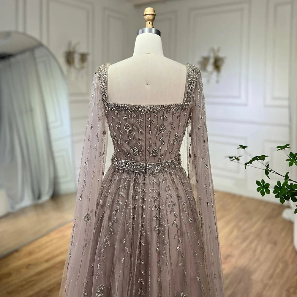 Caramel Beaded A-Line Evening Dress with Cape Sleeves LA71803A