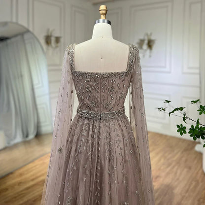 Caramel Beaded A-Line Evening Dress with Cape Sleeves LA71803A