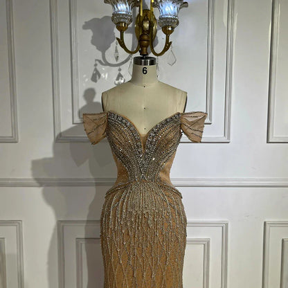 Saudi Arabic Off Shoulder Nude Beaded Tulle Mermaid Evening Gown LA72854