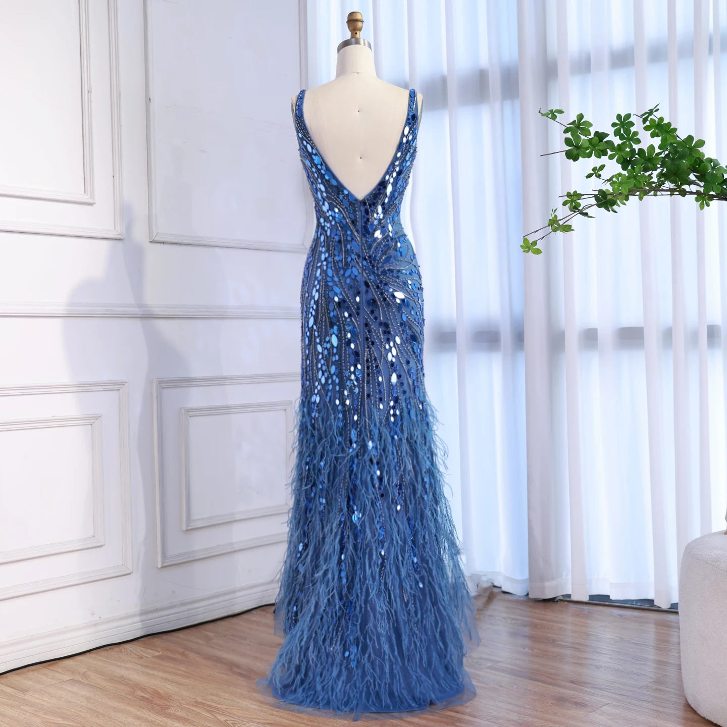 Luxury Blue Beaded Feather Mermaid Evening Dress LA73369