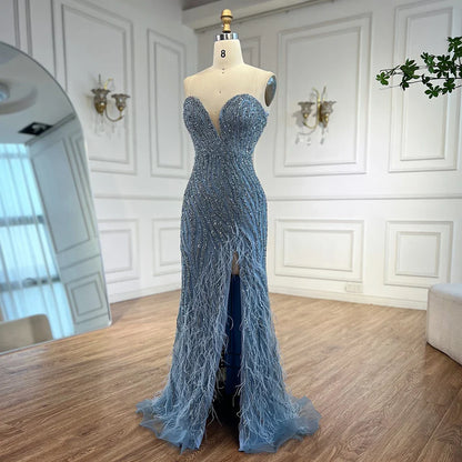 Luxury Blue Feather Beaded Evening Dress with Side Skirt LA72695