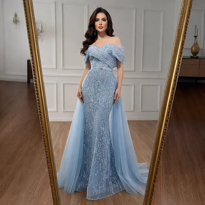 Luxury Arabic Blue One Shoulder Mermaid Evening Dress LA73378