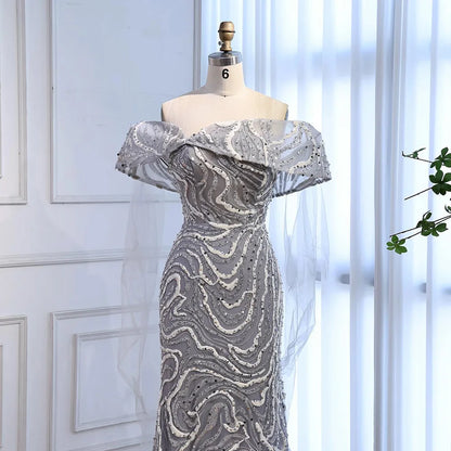 Luxury Gray Sequin Evening Dress with Cape Sleeves LA73125B