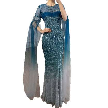 Luxury Arabic Gradient Green Mermaid Evening Dress With Cape LA73414