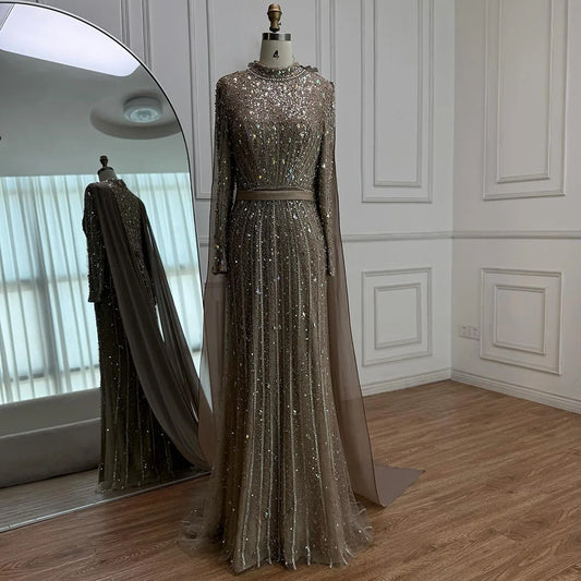 Modest Luxury Caramel Beaded Long Sleeve Evening Dress LA72569A