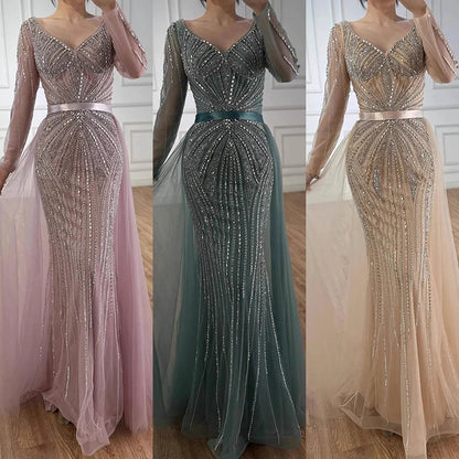 Luxury Nude Beaded Evening Dress with Detachable Overskirt LA73156