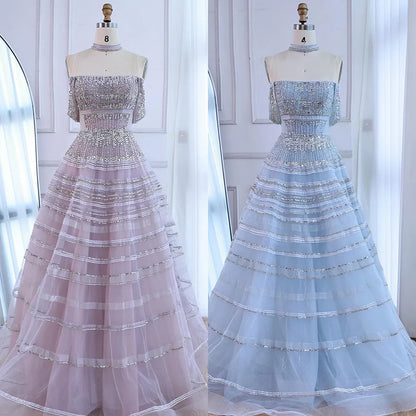 Luxury Pink Off Shoulder A-Line Beaded Evening Dress LA73079