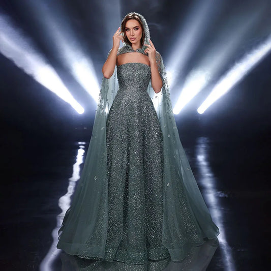 Luxury Dubai  Saudi Arabic Turquoise Evening Gown with Beaded Dress and Elegant Hooded Cape for Formal Occasion LA72659A