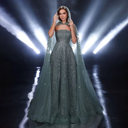 Luxury Dubai  Saudi Arabic Turquoise Evening Gown with Beaded Dress and Elegant Hooded Cape for Formal Occasion LA72659A