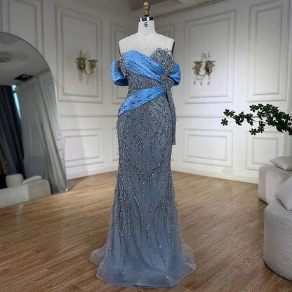 Serene Hill 2025 Arab Blue Boat Neck Mermaid Long Evening Dress - Elegant Gown with Beaded for Women's Party LA72369