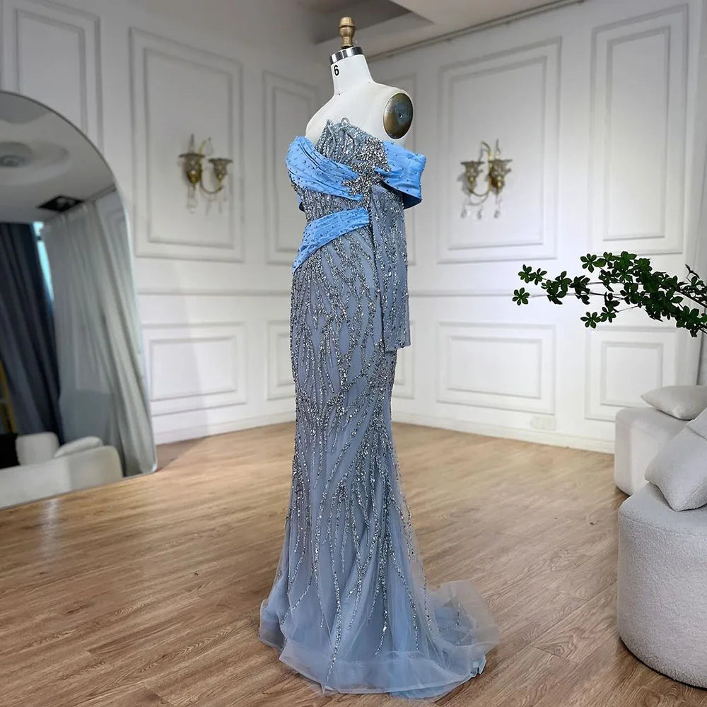Serene Hill 2025 Arab Blue Boat Neck Mermaid Long Evening Dress - Elegant Gown with Beaded for Women's Party LA72369