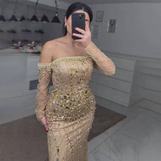 Serene Hill Arabia Gold Mermaid Luxus Perlen Off Shoulder Dubai Abendkleider Kleider für Frauen Hochzeit Party LA72404 