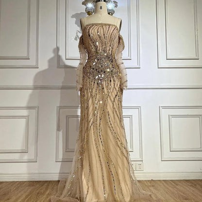 Serene Hill  Arabia Gold Mermaid Luxury Beaded Off Shoulder Dubai Evening Dresses Gowns for Women Wedding Party LA72404