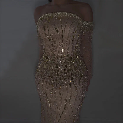 Serene Hill  Arabia Gold Mermaid Luxury Beaded Off Shoulder Dubai Evening Dresses Gowns for Women Wedding Party LA72404