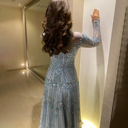 Modest A-Line Blue Lace Beaded Evening Gown LA72704