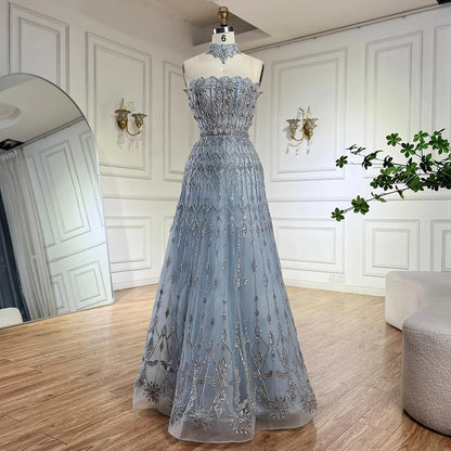 Luxury Dubai  Arabic A-Line Elegant Blue Saudi Evening Gown Luxury Beaded Dress for Formal Occasion LA72717