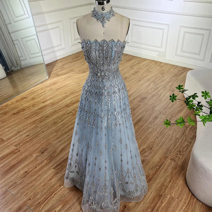 Luxury Dubai  Arabic A-Line Elegant Blue Saudi Evening Gown Luxury Beaded Dress for Formal Occasion LA72717