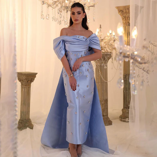 Serene Hill 2025 Arabic Blue Beaded Crystal Ankle-Length Mermaid Satin Evening Dresses Gowns for Women Wedding Party LA72414A
