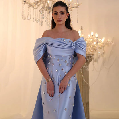 Serene Hill 2025 Arabic Blue Beaded Crystal Ankle-Length Mermaid Satin Evening Dresses Gowns for Women Wedding Party LA72414A