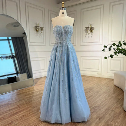 Serene Hill 2025 Arabic Blue Cape Sleeves A-Line Beaded Evening Dresses Long Celebrity Gowns for Women Wedding Party LA72427