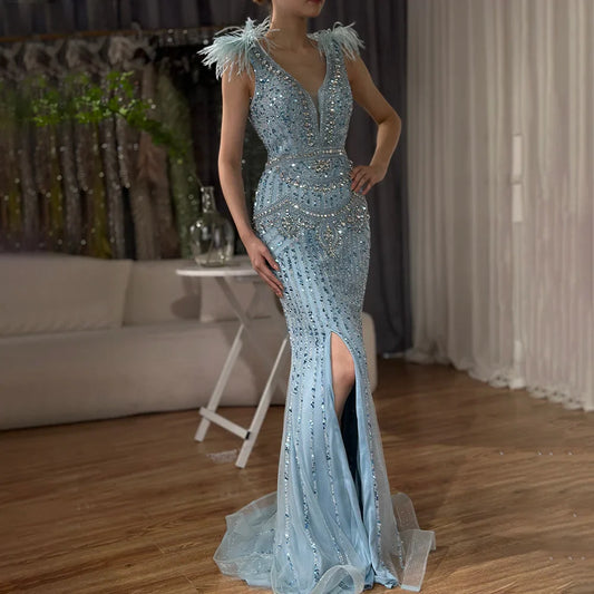 Luxury Dubai  Arabic Blue Elegant Split Mermaid Beaded Feathers Long Evening Dresses Gowns for Formal Occasion LA72742