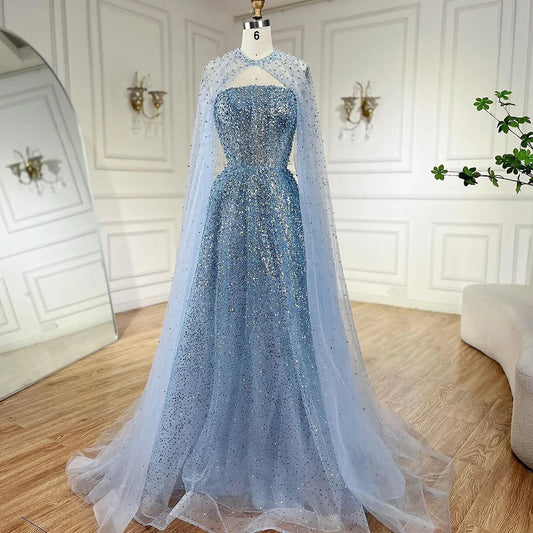 Luxury Arabic Blue A-Line Evening Dress with Cape Sleeves Plus Size LA72659