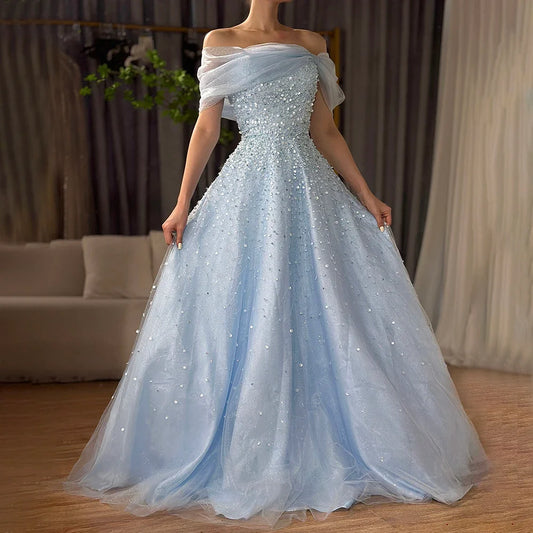 Luxury Dubai  Arabic Blue Off The Shoulder Beaded Elegant A-Line Long Evening Dresses Gowns for Formal Occasion LA72009A