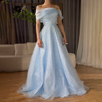 Luxury Dubai  Arabic Blue Off The Shoulder Beaded Elegant A-Line Long Evening Dresses Gowns for Formal Occasion LA72009A