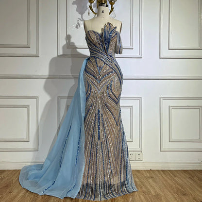 Luxury Dubai  Arabic Blue One Shoulder Luxury Dubai Evening Gown with Side Overskirt Beaded Dress for Women's Party LA72662