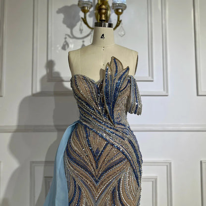 Luxury Dubai  Arabic Blue One Shoulder Luxury Dubai Evening Gown with Side Overskirt Beaded Dress for Women's Party LA72662