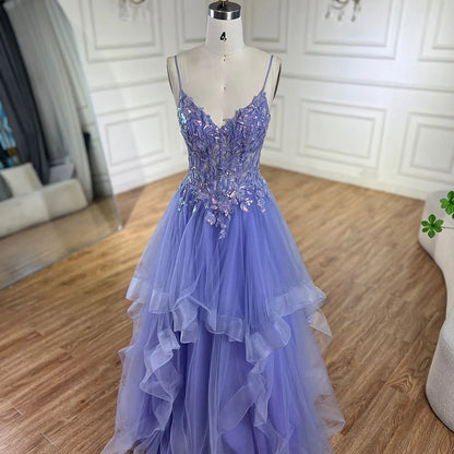 Serene Hill 2025 Arabic Blue Spaghetti Strap A-Line Tiered Lace Appliques Luxury Evening Dress for Women's Party LA72617