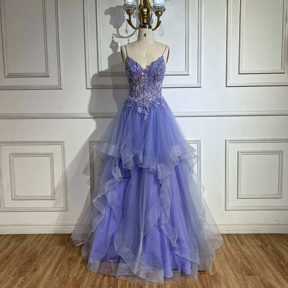 Serene Hill 2025 Arabic Blue Spaghetti Strap A-Line Tiered Lace Appliques Luxury Evening Dress for Women's Party LA72617