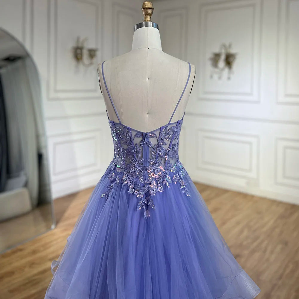 Serene Hill 2025 Arabic Blue Spaghetti Strap A-Line Tiered Lace Appliques Luxury Evening Dress for Women's Party LA72617