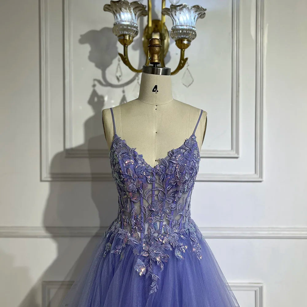 Serene Hill 2025 Arabic Blue Spaghetti Strap A-Line Tiered Lace Appliques Luxury Evening Dress for Women's Party LA72617