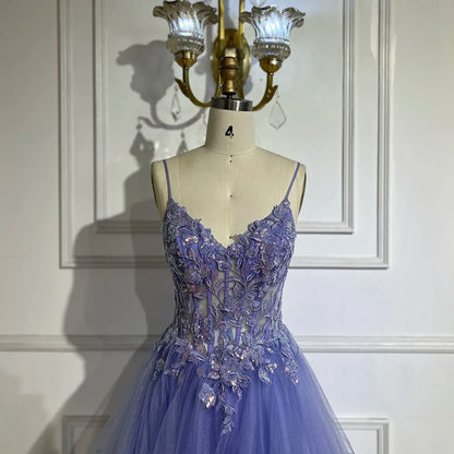 Serene Hill 2025 Arabic Blue Spaghetti Strap A-Line Tiered Lace Appliques Luxury Evening Dress for Women's Party LA72617