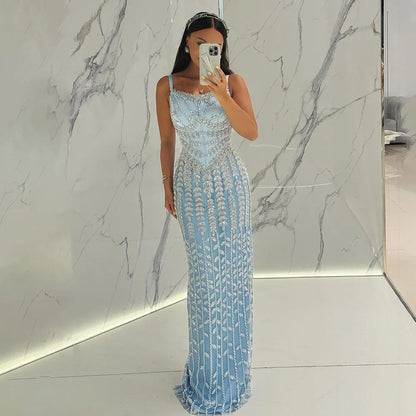 Luxury Arabic Blue Spaghetti Strap Mermaid Evening Dress Beaded LA72725