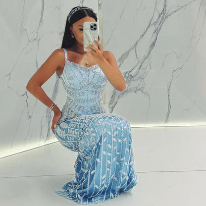 Luxury Arabic Blue Spaghetti Strap Mermaid Evening Dress Beaded LA72725