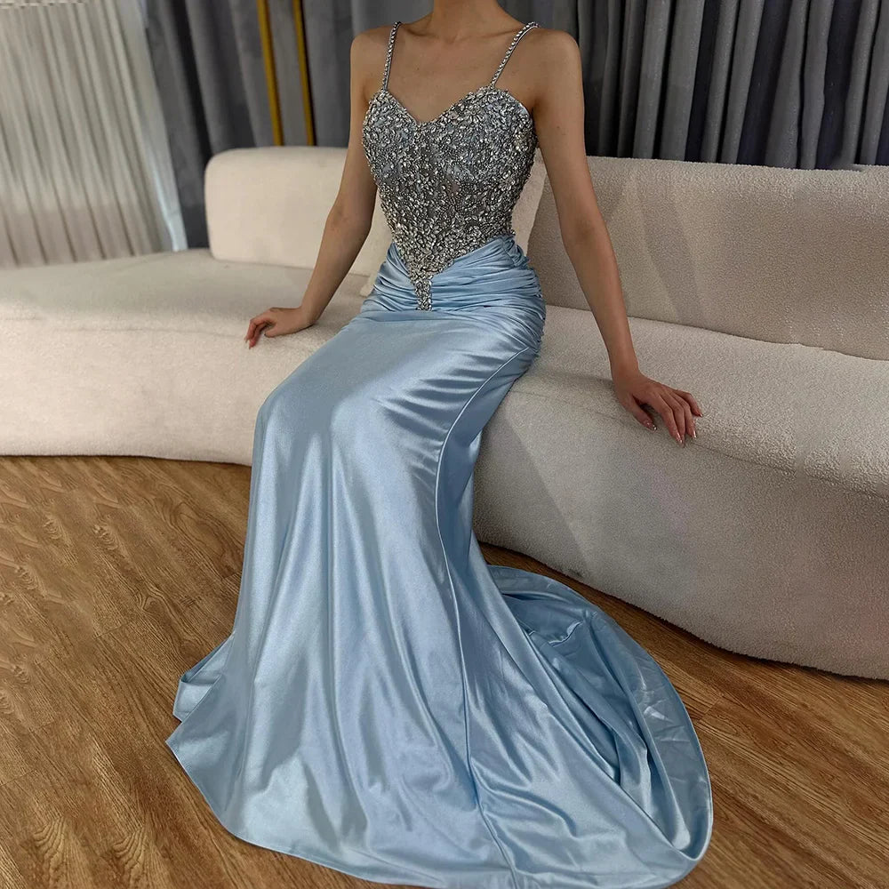 Luxury Blue Spaghetti Strap Satin Mermaid Beaded Evening Dress LA72729