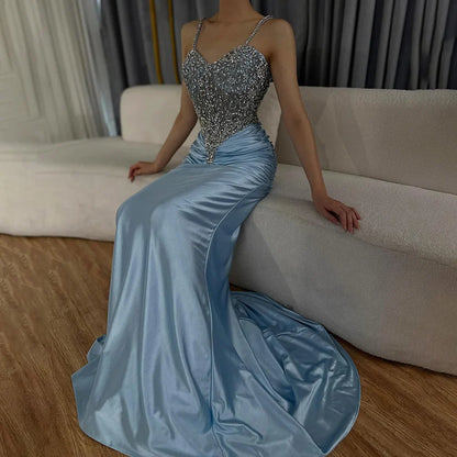 Luxury Blue Spaghetti Strap Satin Mermaid Beaded Evening Dress LA72729