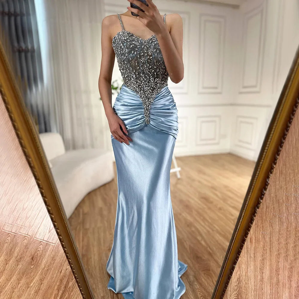 Luxury Blue Spaghetti Strap Satin Mermaid Beaded Evening Dress LA72729