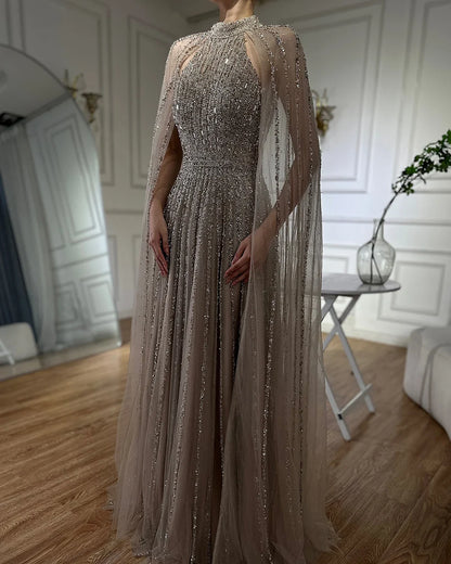 Luxury Caramel A-Line Cape Sleeve Beaded Evening Dress LA72306B